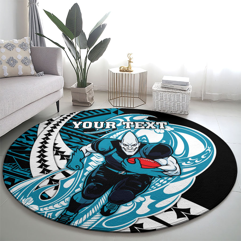 Personalized Port Adelaide Power Round Carpet Polynesian Tribal Lightning Bolt Mascot With Hibiscus Floral Art