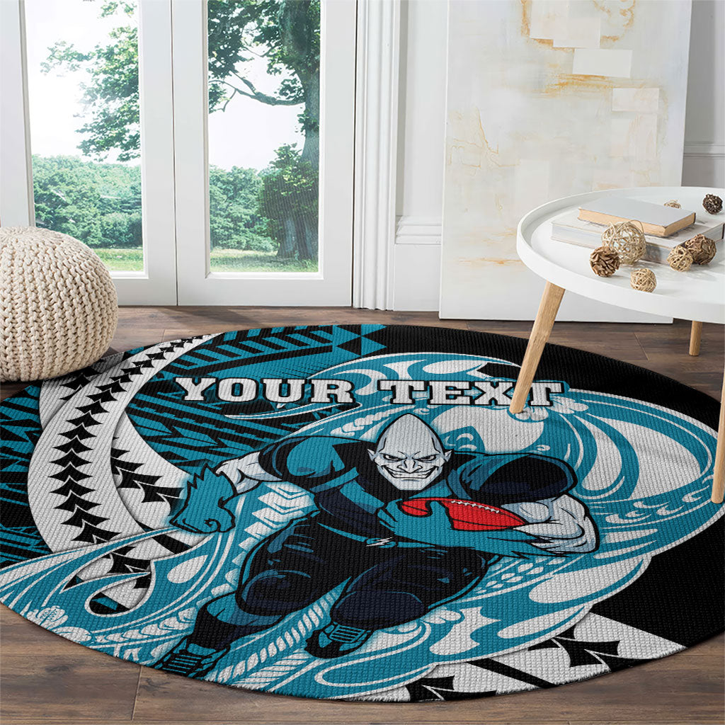 Personalized Port Adelaide Power Round Carpet Polynesian Tribal Lightning Bolt Mascot With Hibiscus Floral Art