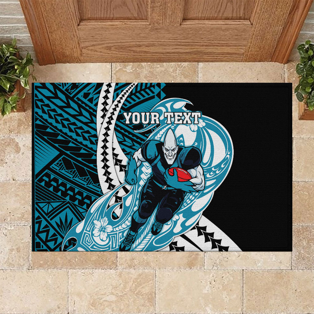 Personalized Port Adelaide Power Rubber Doormat Polynesian Tribal Lightning Bolt Mascot With Hibiscus Floral Art