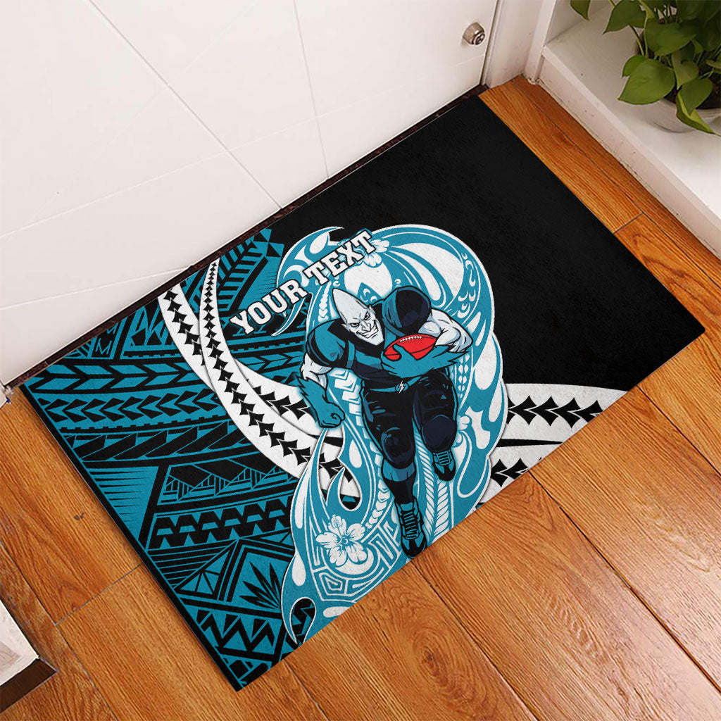 Personalized Port Adelaide Power Rubber Doormat Polynesian Tribal Lightning Bolt Mascot With Hibiscus Floral Art