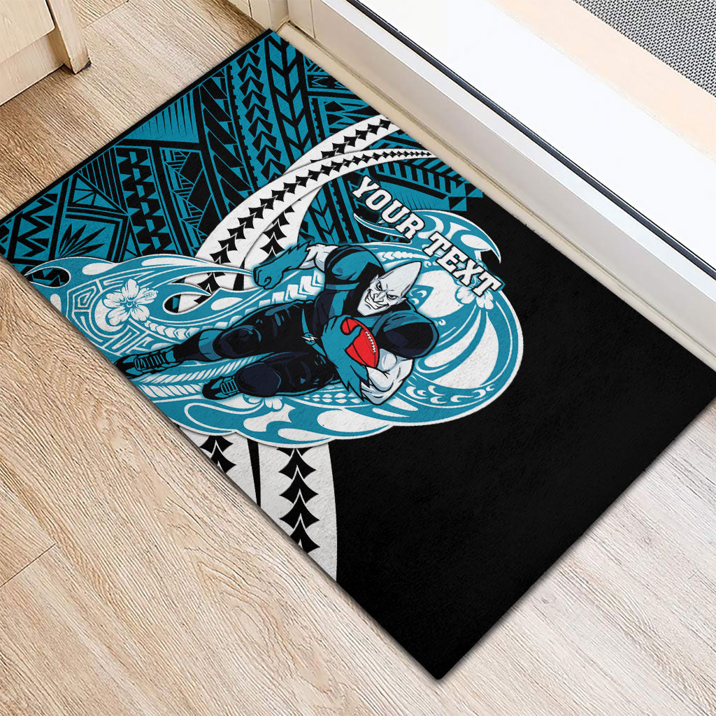 Personalized Port Adelaide Power Rubber Doormat Polynesian Tribal Lightning Bolt Mascot With Hibiscus Floral Art