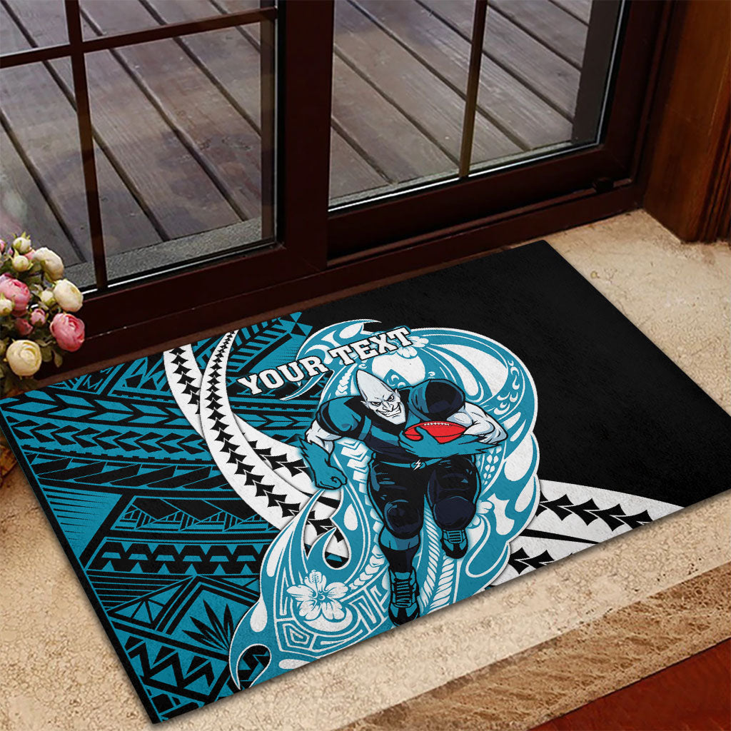 Personalized Port Adelaide Power Rubber Doormat Polynesian Tribal Lightning Bolt Mascot With Hibiscus Floral Art