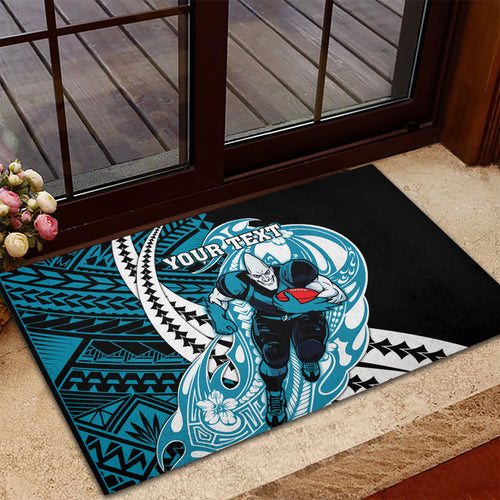 Personalized Port Adelaide Power Rubber Doormat Polynesian Tribal Lightning Bolt Mascot With Hibiscus Floral Art