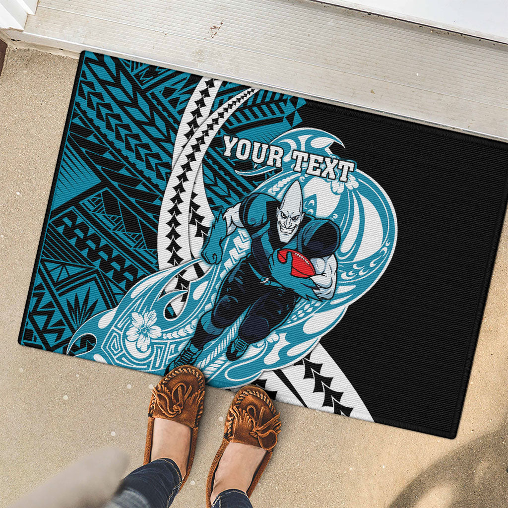 Personalized Port Adelaide Power Rubber Doormat Polynesian Tribal Lightning Bolt Mascot With Hibiscus Floral Art