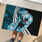 Personalized Port Adelaide Power Rubber Doormat Polynesian Tribal Lightning Bolt Mascot With Hibiscus Floral Art