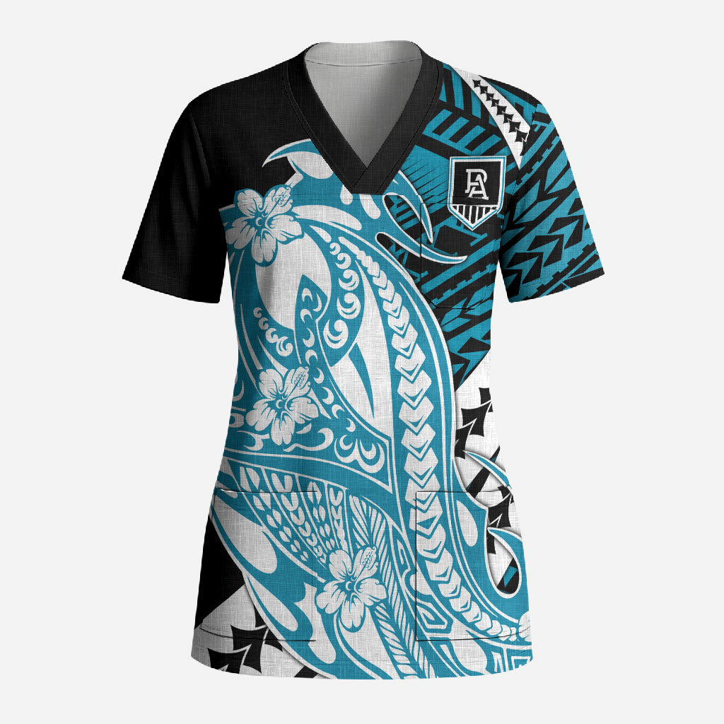 Personalized Port Adelaide Power Scrub Top Polynesian Tribal Lightning Bolt Mascot With Hibiscus Floral Art