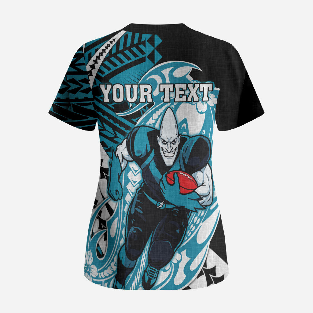 Personalized Port Adelaide Power Scrub Top Polynesian Tribal Lightning Bolt Mascot With Hibiscus Floral Art