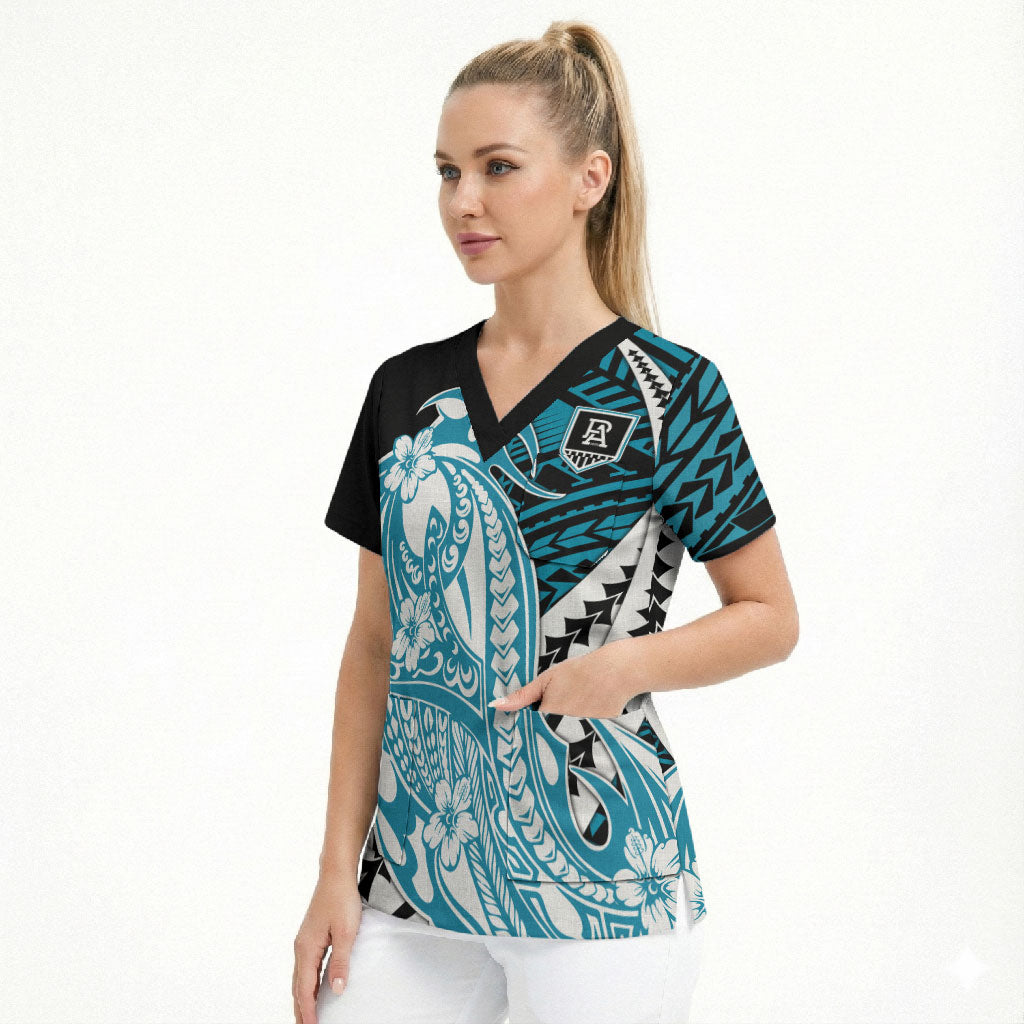 Personalized Port Adelaide Power Scrub Top Polynesian Tribal Lightning Bolt Mascot With Hibiscus Floral Art