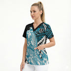 Personalized Port Adelaide Power Scrub Top Polynesian Tribal Lightning Bolt Mascot With Hibiscus Floral Art