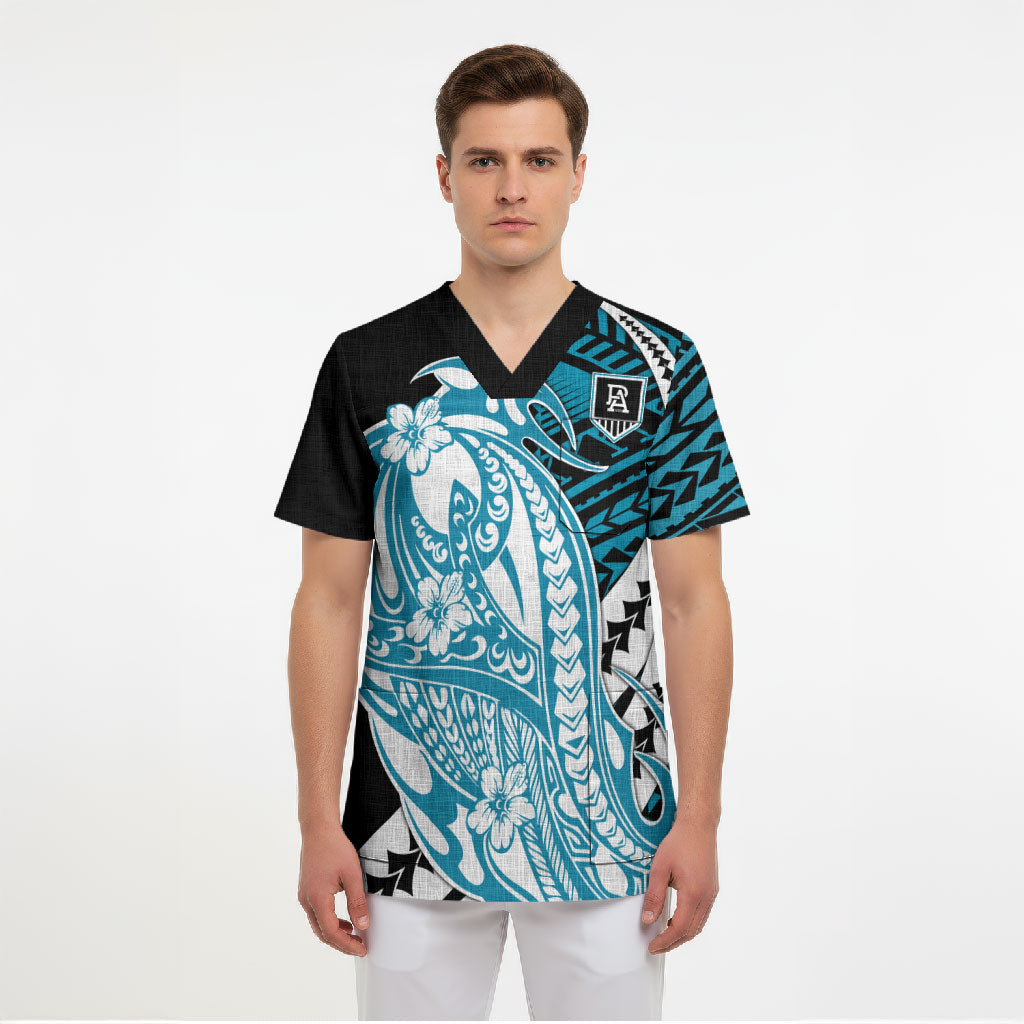 Personalized Port Adelaide Power Scrub Top Polynesian Tribal Lightning Bolt Mascot With Hibiscus Floral Art