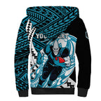 Personalized Port Adelaide Power Sherpa Hoodie Polynesian Tribal Lightning Bolt Mascot With Hibiscus Floral Art
