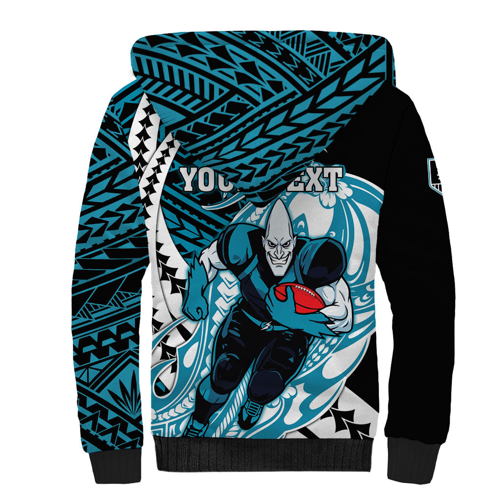 Personalized Port Adelaide Power Sherpa Hoodie Polynesian Tribal Lightning Bolt Mascot With Hibiscus Floral Art