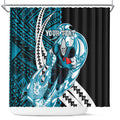 Personalized Port Adelaide Power Shower Curtain Polynesian Tribal Lightning Bolt Mascot With Hibiscus Floral Art
