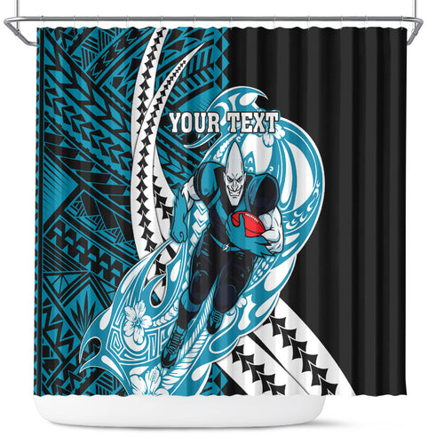 Personalized Port Adelaide Power Shower Curtain Polynesian Tribal Lightning Bolt Mascot With Hibiscus Floral Art