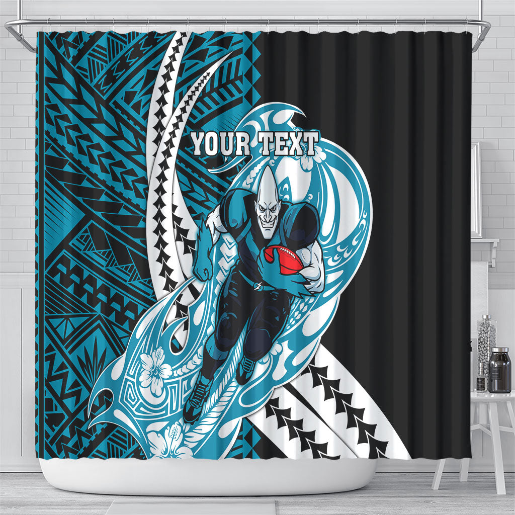 Personalized Port Adelaide Power Shower Curtain Polynesian Tribal Lightning Bolt Mascot With Hibiscus Floral Art