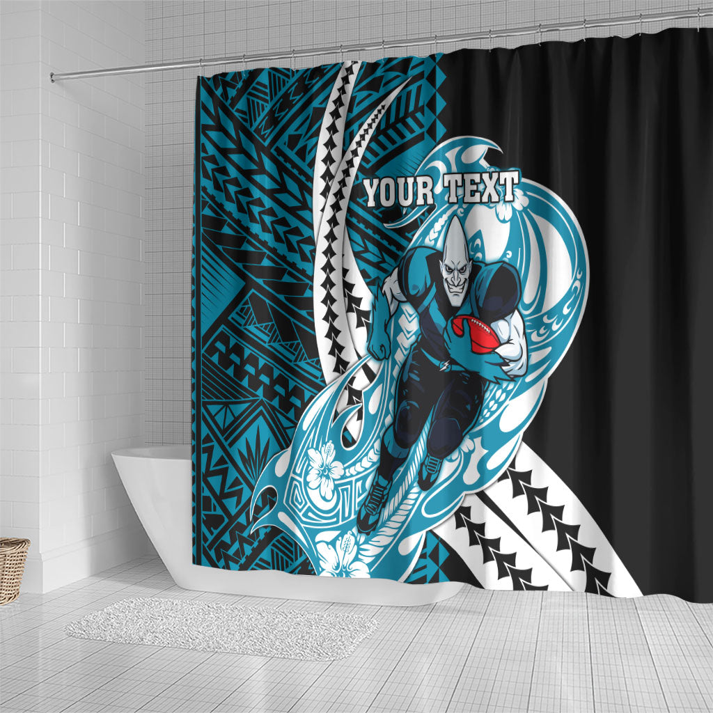 Personalized Port Adelaide Power Shower Curtain Polynesian Tribal Lightning Bolt Mascot With Hibiscus Floral Art