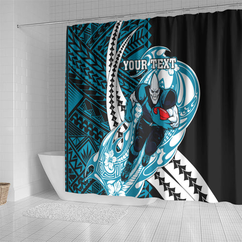 Personalized Port Adelaide Power Shower Curtain Polynesian Tribal Lightning Bolt Mascot With Hibiscus Floral Art