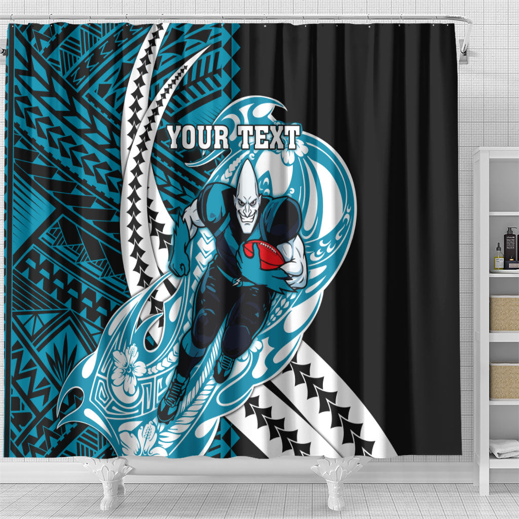 Personalized Port Adelaide Power Shower Curtain Polynesian Tribal Lightning Bolt Mascot With Hibiscus Floral Art