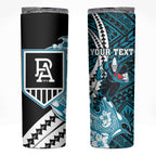 Personalized Port Adelaide Power Skinny Tumbler Polynesian Tribal Lightning Bolt Mascot With Hibiscus Floral Art