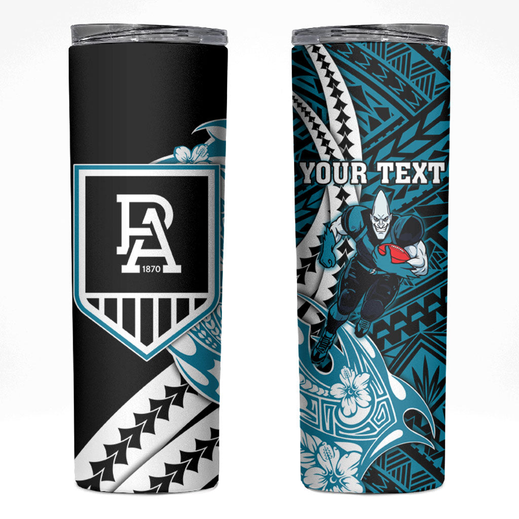 Personalized Port Adelaide Power Skinny Tumbler Polynesian Tribal Lightning Bolt Mascot With Hibiscus Floral Art