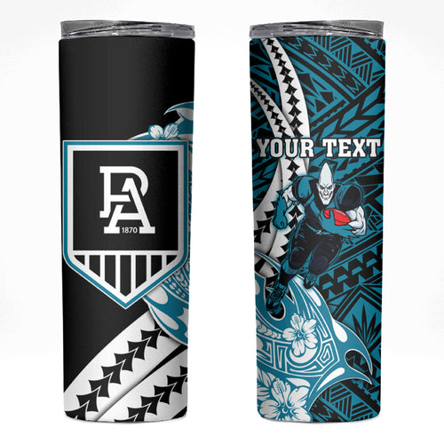 Personalized Port Adelaide Power Skinny Tumbler Polynesian Tribal Lightning Bolt Mascot With Hibiscus Floral Art