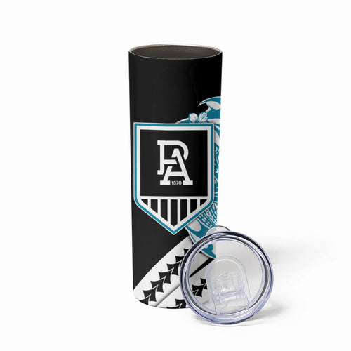 Personalized Port Adelaide Power Skinny Tumbler Polynesian Tribal Lightning Bolt Mascot With Hibiscus Floral Art