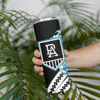 Personalized Port Adelaide Power Skinny Tumbler Polynesian Tribal Lightning Bolt Mascot With Hibiscus Floral Art