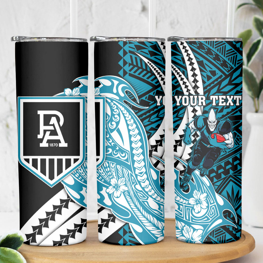 Personalized Port Adelaide Power Skinny Tumbler Polynesian Tribal Lightning Bolt Mascot With Hibiscus Floral Art