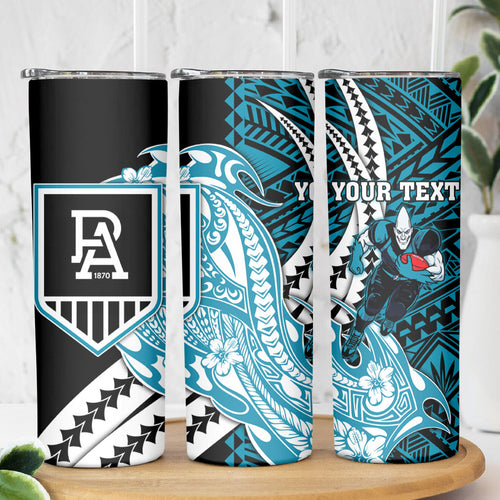 Personalized Port Adelaide Power Skinny Tumbler Polynesian Tribal Lightning Bolt Mascot With Hibiscus Floral Art