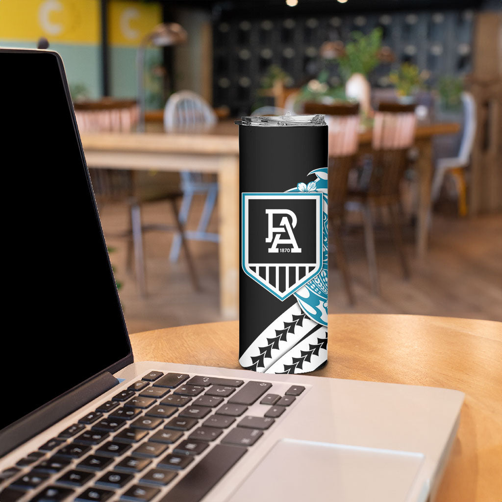 Personalized Port Adelaide Power Skinny Tumbler Polynesian Tribal Lightning Bolt Mascot With Hibiscus Floral Art