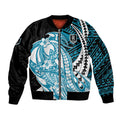 Personalized Port Adelaide Power Sleeve Zip Bomber Jacket Polynesian Tribal Lightning Bolt Mascot With Hibiscus Floral Art