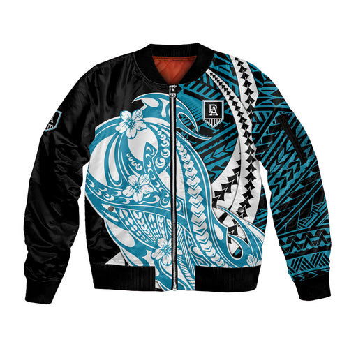 Personalized Port Adelaide Power Sleeve Zip Bomber Jacket Polynesian Tribal Lightning Bolt Mascot With Hibiscus Floral Art