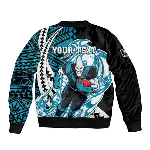 Personalized Port Adelaide Power Sleeve Zip Bomber Jacket Polynesian Tribal Lightning Bolt Mascot With Hibiscus Floral Art