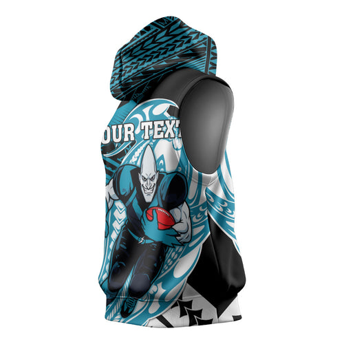 Personalized Port Adelaide Power Sleeveless Hoodie Polynesian Tribal Lightning Bolt Mascot With Hibiscus Floral Art