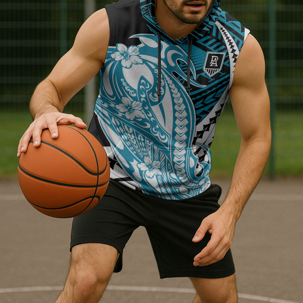 Personalized Port Adelaide Power Sleeveless Hoodie Polynesian Tribal Lightning Bolt Mascot With Hibiscus Floral Art