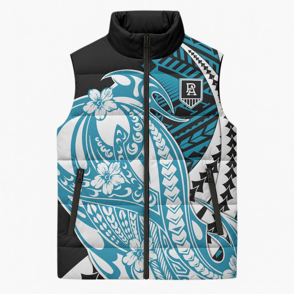 Personalized Port Adelaide Power Sleeveless Puffer Jacket Polynesian Tribal Lightning Bolt Mascot With Hibiscus Floral Art