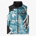 Personalized Port Adelaide Power Sleeveless Puffer Jacket Polynesian Tribal Lightning Bolt Mascot With Hibiscus Floral Art