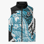 Personalized Port Adelaide Power Sleeveless Puffer Jacket Polynesian Tribal Lightning Bolt Mascot With Hibiscus Floral Art