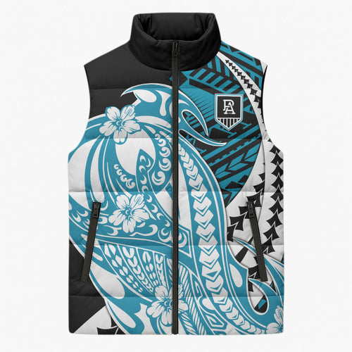 Personalized Port Adelaide Power Sleeveless Puffer Jacket Polynesian Tribal Lightning Bolt Mascot With Hibiscus Floral Art