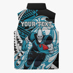 Personalized Port Adelaide Power Sleeveless Puffer Jacket Polynesian Tribal Lightning Bolt Mascot With Hibiscus Floral Art