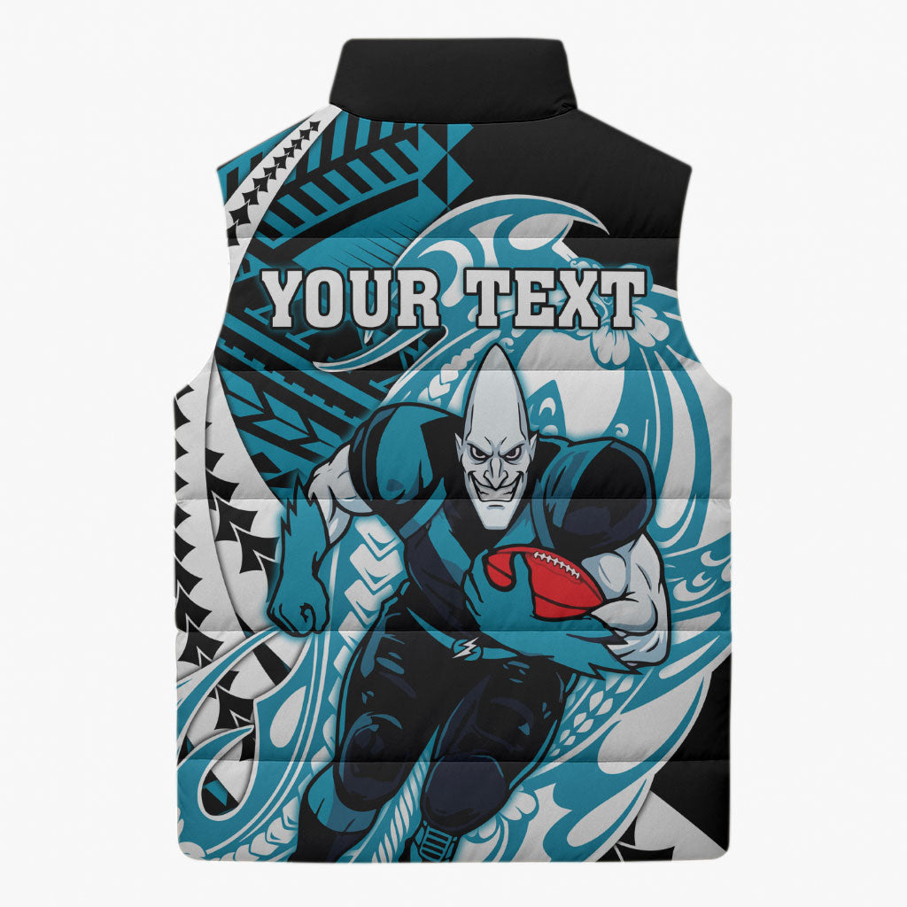 Personalized Port Adelaide Power Sleeveless Puffer Jacket Polynesian Tribal Lightning Bolt Mascot With Hibiscus Floral Art