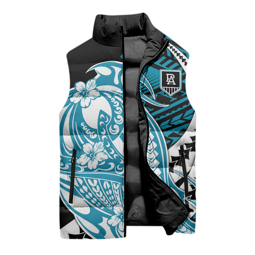 Personalized Port Adelaide Power Sleeveless Puffer Jacket Polynesian Tribal Lightning Bolt Mascot With Hibiscus Floral Art