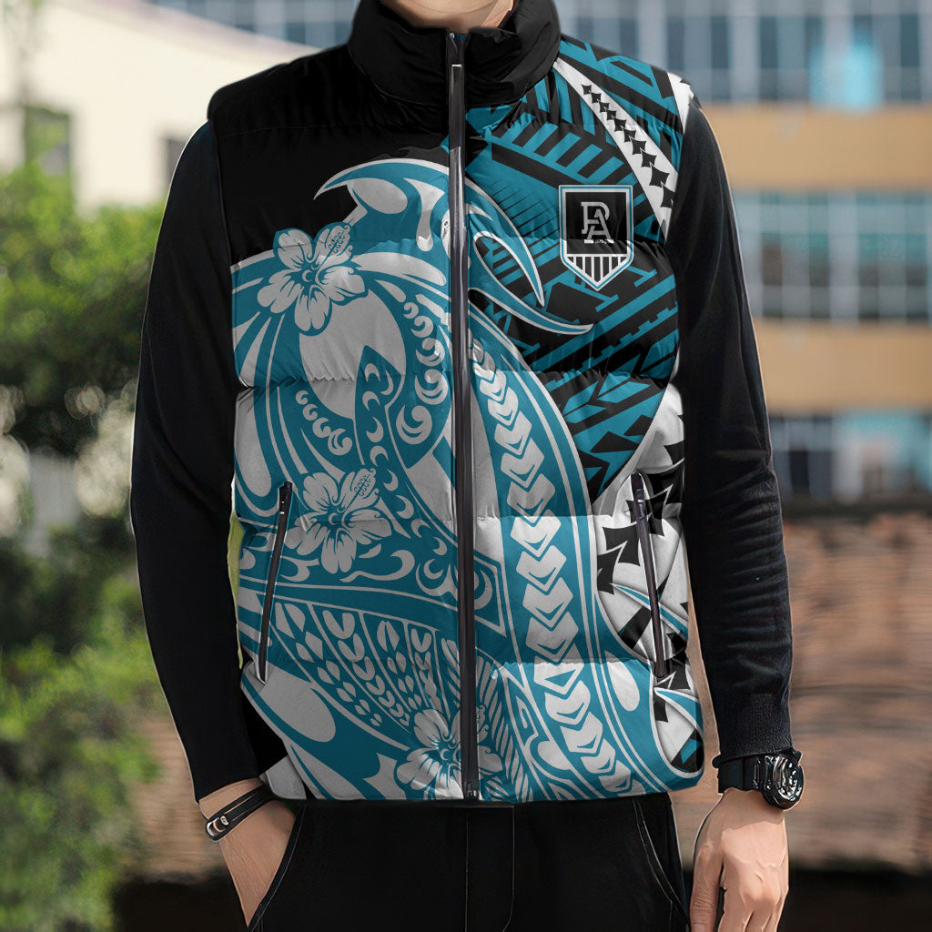 Personalized Port Adelaide Power Sleeveless Puffer Jacket Polynesian Tribal Lightning Bolt Mascot With Hibiscus Floral Art