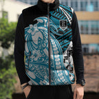 Personalized Port Adelaide Power Sleeveless Puffer Jacket Polynesian Tribal Lightning Bolt Mascot With Hibiscus Floral Art