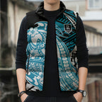Personalized Port Adelaide Power Sleeveless Puffer Jacket Polynesian Tribal Lightning Bolt Mascot With Hibiscus Floral Art