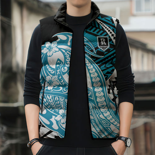Personalized Port Adelaide Power Sleeveless Puffer Jacket Polynesian Tribal Lightning Bolt Mascot With Hibiscus Floral Art
