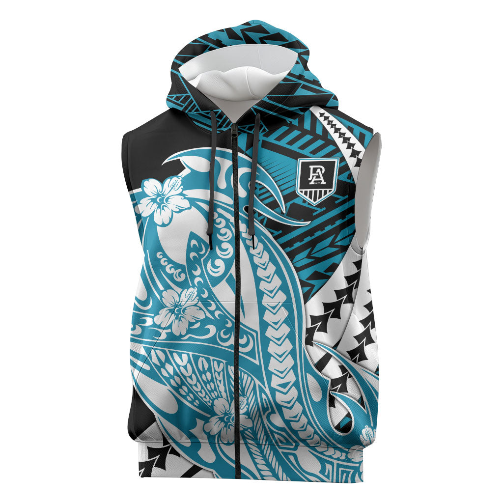 Personalized Port Adelaide Power Sleeveless Zip Hoodie Polynesian Tribal Lightning Bolt Mascot With Hibiscus Floral Art