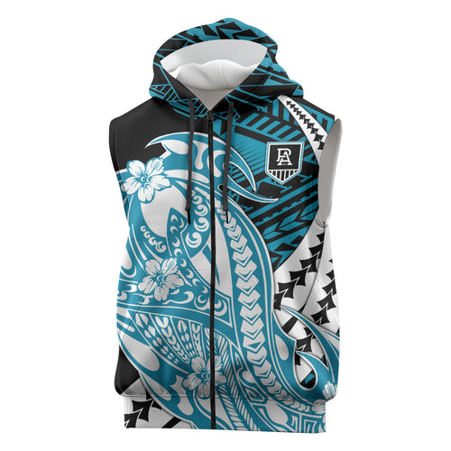Personalized Port Adelaide Power Sleeveless Zip Hoodie Polynesian Tribal Lightning Bolt Mascot With Hibiscus Floral Art
