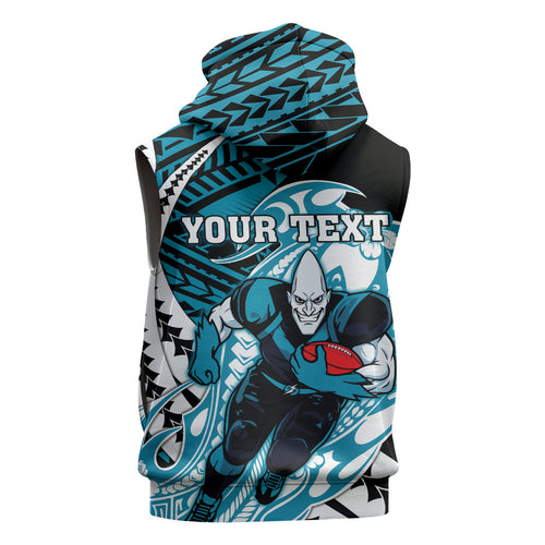 Personalized Port Adelaide Power Sleeveless Zip Hoodie Polynesian Tribal Lightning Bolt Mascot With Hibiscus Floral Art