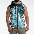 Personalized Port Adelaide Power Sleeveless Zip Hoodie Polynesian Tribal Lightning Bolt Mascot With Hibiscus Floral Art